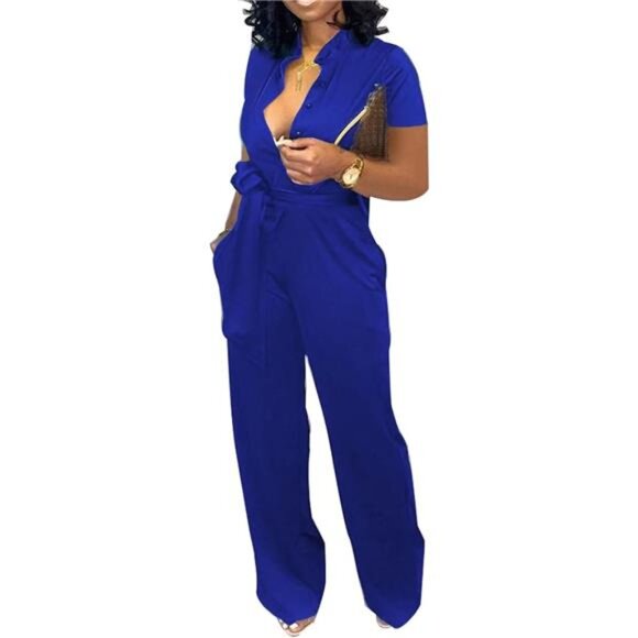 Women‘s Elegant Jumpsuit Casual Stand Collar Button Down...